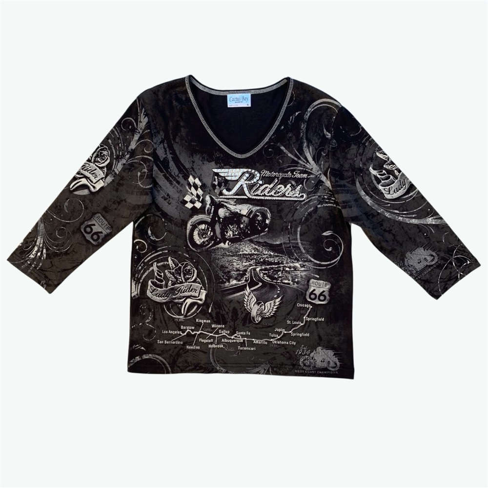 Cactus Bay Charcoal Gray Lady Rider Bling 3/4 Sleeve Graphic Knit Top, XL